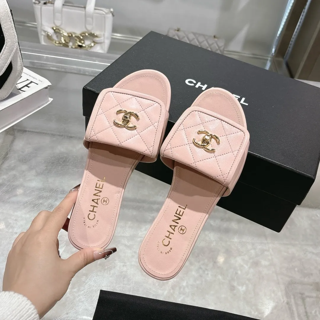 👟👟Ex-factory price 360👟👟 Genuine leather sole +40 Chanel Chanel 25C new women's double C schoolbag buckle flat sandals, fabric sheepskin, color: black: white: pink: apricot, code number: 5-40 (customized 41 42 43 customized non-returnable): rubber sole leather sole +40